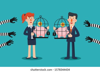 Thieves Stealing Money From Piggy Bank. Piggy Bank Protection Design Illustration. Insurance Policy And Business Strategy Vector Concept