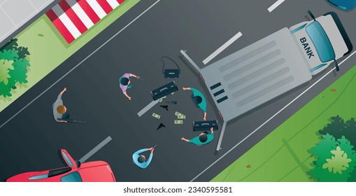 Los ladrones usan armas para amenazar la seguridad para robar un auto que lleva dinero.