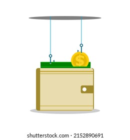 Thieves are using fishing hooks to steal banknotes and golden coins in wallet into hole flat vector design.