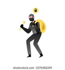 thieves walk carefully, bandits carry sacks with money. thief with the crack lock icon . flat Vector illustration on white background
