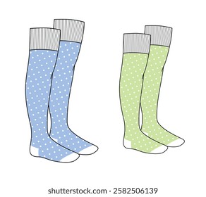 Thigh high socks technical flat drawing vector mockup illustration.