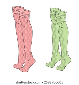 Thigh high socks for women vector design technical flat sketch by adobe illustrator.