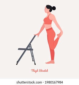 Thigh Stretch Yoga pose. Joven practicando yoga. Las mujeres entrenan en gimnasia, aeróbic y ejercicios. Ilustración vectorial.