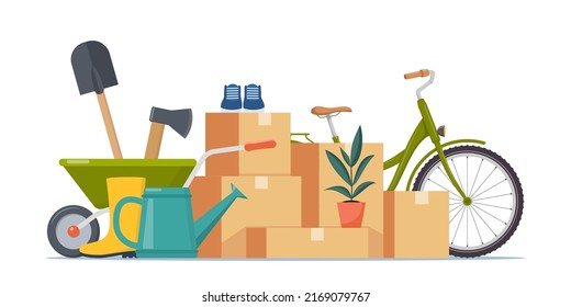 Thigs arranged on the floor - house plant, boxes, bike, clothes. Flea market old stuff clutter. Various household things. Vector illustration