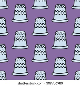 Thimble. Seamless pattern with hand-drawn cartoon sewing tools. Doodle drawing. Vector illustration.