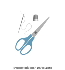 Thimble for sewing and a needle and thread scissors, sketch illustration of accessories for sewing. Flat isolated vector illustration, on a white background.