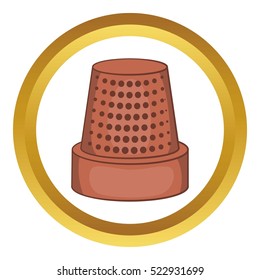 Thimble vector icon in golden circle, cartoon style isolated on white background