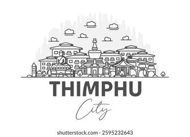 Thimphu, Bhutan architecture line skyline illustration with shadows. Linear vector cityscape with famous landmarks, city sights, design icons.