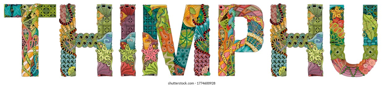 Thimphu city is the capital of Bhutan. Vector decorative zentangle object for decoration