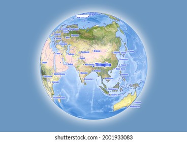 Thimphu-Bhutan is shown on vector globe map. The map shows Thimphu-Bhutan 's location in the world.