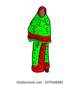 thin african woman with green red local costume vector illustration sketch doodle hand drawn with black lines isolated on white background