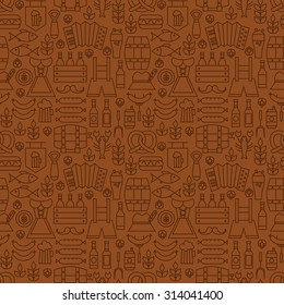 Thin Alcohol Beer Line Oktoberfest Seamless Brown Pattern. Vector German Party Design and Seamless Background in Trendy Modern Line Style. Thin Outline Art