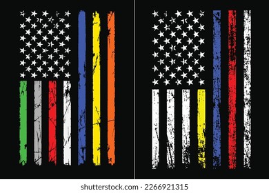 Thin All Line Distressed American Flag. Symbol Of Corrections, Police, Firefighter, EMS, Dispatchers, Military Illustration For Logo, T Shirt, Poster, Card, Banner Etc.