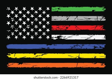 Thin All Line Distressed American Flag. Symbol Of Corrections, Police, Firefighter, EMS, Dispatchers, Military Illustration For Logo, T Shirt, Poster, Card, Banner Etc.