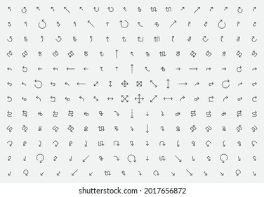 Thin arrow set vector symbol. Arrows line icon collection. Right, left, down and up direction mark.