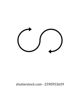 A thin arrow in the shape of an infinity symbol. Vector illustration. Dual semi circle arrow. Semicircular curved long double ended arrow.