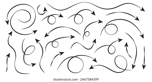 Thin arrows lines collection. Black simple spiral swirl wavy signs isolated on white background. Trendy modern abstract vector illustration.
