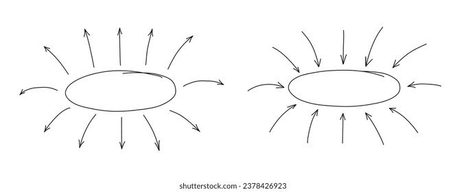 Thin arrows pointing in and out of center. Vector black line illustration isolated on white background.