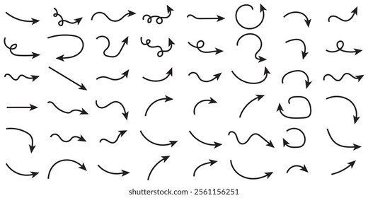 Thin arrows set for business plan, presentation and education. Sign, Symbol, Hand drawn arrow collection. Set of Hand drawn vector arrows doodle on white background. Design element vector illustration