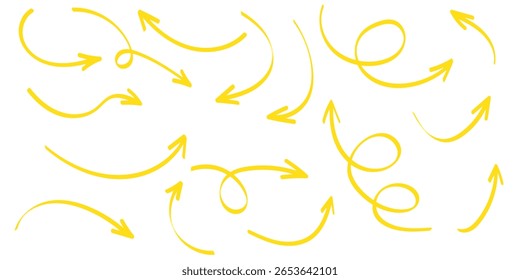 Dünne Pfeile für Geschäftsplan, Präsentation und Schulung. Zeichen, Symbol, Handgezeichnete Pfeilsammlung. Einfaches handgezeichnetes Pfeilset, schwarzer Vektor. Handgezeichnete dünne Linie Pfeile gesetzt. Kurvenpfeilsatz