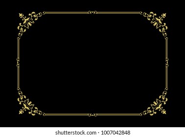 Thin beautiful decorative vintage frame for your design. Making menus, certificates, salons and boutiques. Gold frame on a dark background. Space for your text. Vector illustration.