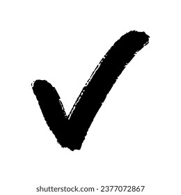 Thin beautiful graphic sign isolated on a white background. Black textured checkmark element, confirmation and approval.