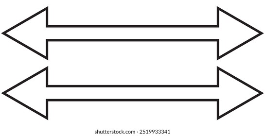 Thin black arrow double pointing. Long, straight-line arrow icon. Graphic illustration for direction symbols, up and down signs. Vector horizontal arrow variation isolated on white background