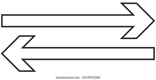 Thin black arrow double pointing. Long, straight-line arrow icon. Graphic illustration for direction symbols, up and down signs. Vector horizontal arrow variation isolated on white background