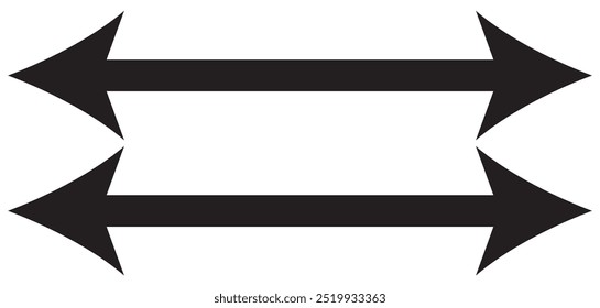 Thin black arrow double pointing. Long, straight-line arrow icon. Graphic illustration for direction symbols, up and down signs. Vector horizontal arrow variation isolated on white background
