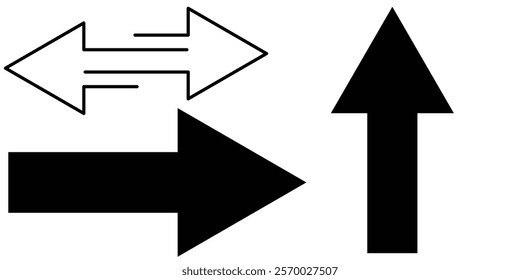 Thin Black arrow double pointing. Long, straight-line arrow icon. Graphic illustration for direction symbols, up and down signs. Vector horizontal arrow variation,  thin line, blue cursor. EPS 10