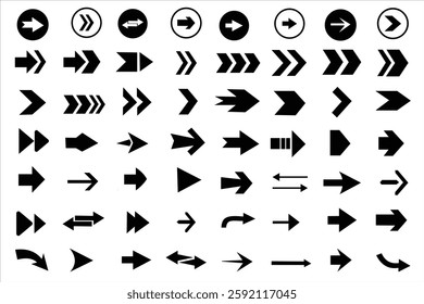Thin black arrow pointing icon set. Black arrow icon isolated on white background. Graphic illustration for direction symbols.  Vector illustration.