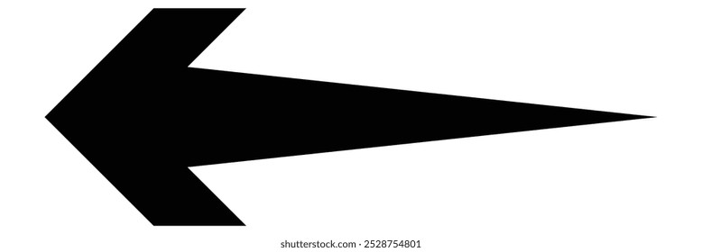 Thin black arrow pointing left. Long, straight-line arrow icon in black. Graphic illustration for direction symbols. Vector horizontal arrow isolated on white background.