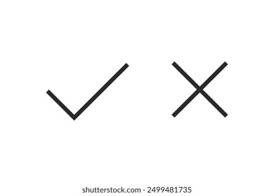 Thin black checkmark and cross symbols isolated on white background. Yes and no voting. Vector icons in flat style