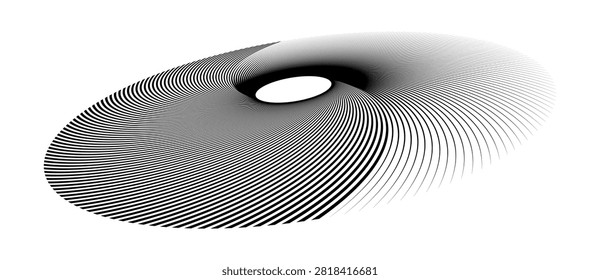 Thin black concentric lines swirl around a small white oval opening at the center, creating a vortex-like effect reminiscent of a black hole, a whirlpool, or an eye, with the lines gradually radiating outward and fading into thin rays toward the right edge. The tilted, elongated perspective gives the composition a strong sense of depth and motion on a clean white background. This monochrome vector illustration works well as a standalone icon, logo, or background element for technology, science, and sci-fi branding projects. The precise line-based texture and dynamic swirling structure make it a versatile graphic for contemporary design and digital media.