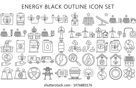 Thin black Energy outline icons set, include battery, sun, green ecology, renewable and sustainable. Used for modern concepts, web and apps. eps 10 ready convert to svg svg