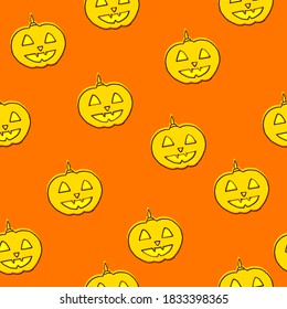 thin black outline halloween jack o lantern pumpkin seamless pattern isolated on orange background. hand drawn vector. doodle halloween for wallpaper, backdrop, cover, fabric, wrapping paper and gift