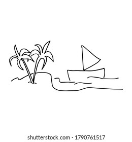 Dibujado a mano del paisaje de la playa. Arte de doodle en blanco y negro. Árbol de coco y velero.