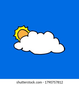 thin black outline sunny weather vector illustration isolated on blue background. hand drawn vector. doodle cloud and sky for kids, logo, sticker, clipart, poster, banner, education, wallpaper. 
