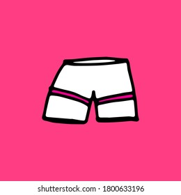 thin black outline white men short with pink striped isolated on pink background. hand drawn vector. doodle clothes and accessories for kids, sticker, clipart, poster, banner, ads, branding. 
