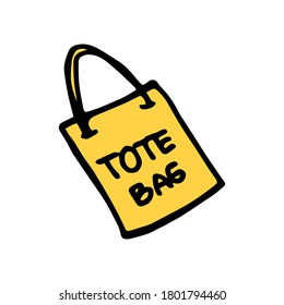 Thin black outline of yellow totebag isolated on white background. hand drawn vector. doodle clothes and accessories for kids, logo, sticker, clipart, poster, banner, advertisement, branding. 