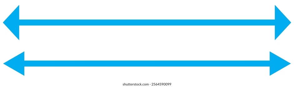 Thin Blue arrow double pointing. Long, straight-line arrow icon. Graphic illustration for direction symbols, up and down signs. Vector horizontal arrow variation isolated on white background.