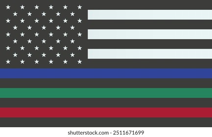 Thin blue, green, red line american flag. Memory, honour of firefighters, law enforcement officers USA military