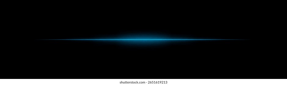Delgado rayo láser azul sobre fondo oscuro con centro brillante. Efecto de luz Horizontal minimalista con degradado nítido y desvanecimiento suave en los bordes.