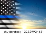 Thin Blue Line. American flag with police blue line on a background of sunset. Support of police and law enforcement. EPS10 vector