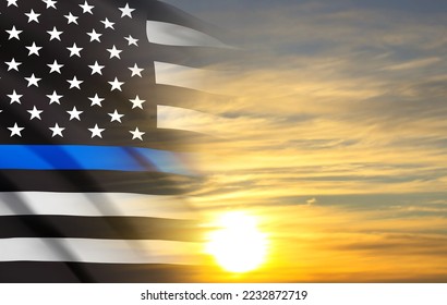 Thin Blue Line. American flag with police blue line on a background of sunset. Support of police and law enforcement. EPS10 vector