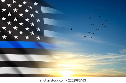 Thin Blue Line. American flag with police blue line on a background of sunset. Support of police and law enforcement. EPS10 vector