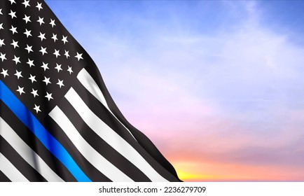 Thin Blue Line. American flag with police blue line on a background of sunset. Support of police and law enforcement. EPS10 vector