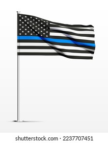 Thin Blue Line. American flag with police blue line on white background. Support of police and law enforcement. EPS10 vector