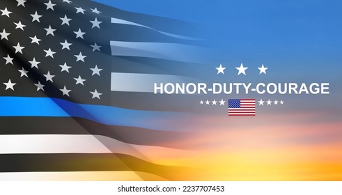 Thin Blue Line. American flag with police blue line on a background of sunset. Support of police and law enforcement. EPS10 vector