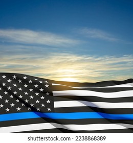 Dünne blaue Linie. Amerikanische Flagge mit polizeiblauer Linie auf dem Hintergrund des Sonnenuntergangs. Unterstützung der Polizei und der Strafverfolgung. EPS10-Vektor